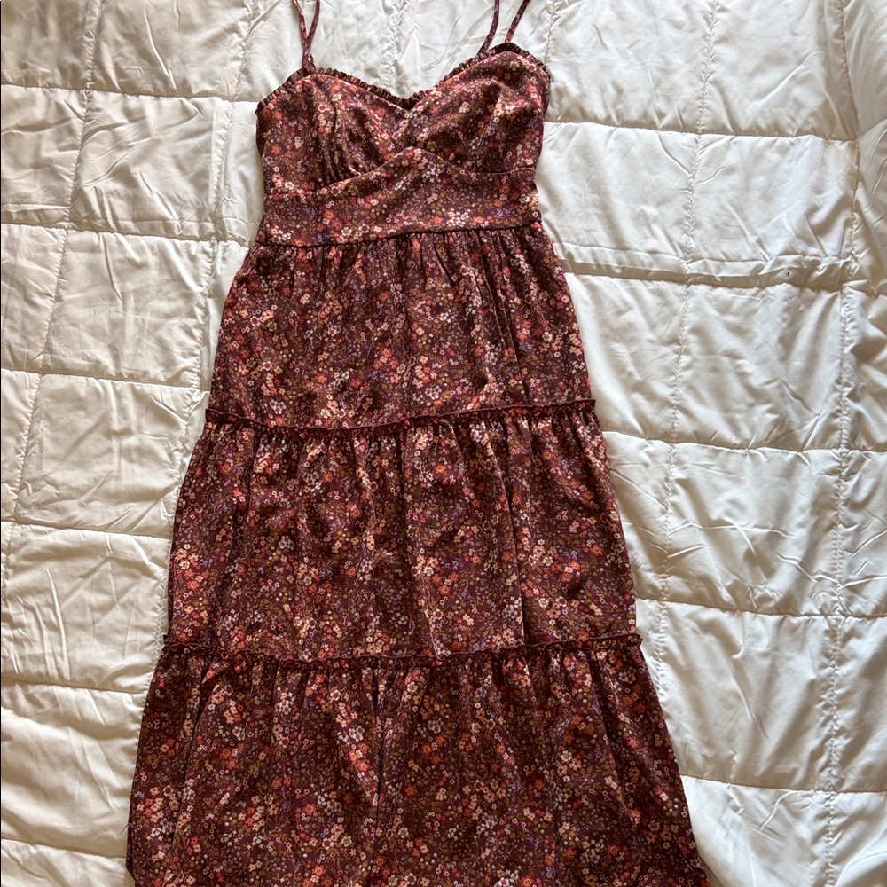 Trixxi Burgundy Floral Tiered Maxi Dress with Spaghetti Straps